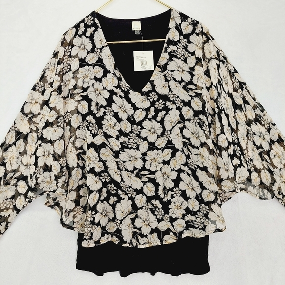 a.moon Floral Print Black & White Long Sleeve Blouse Top 1252 - Picture 2 of 9